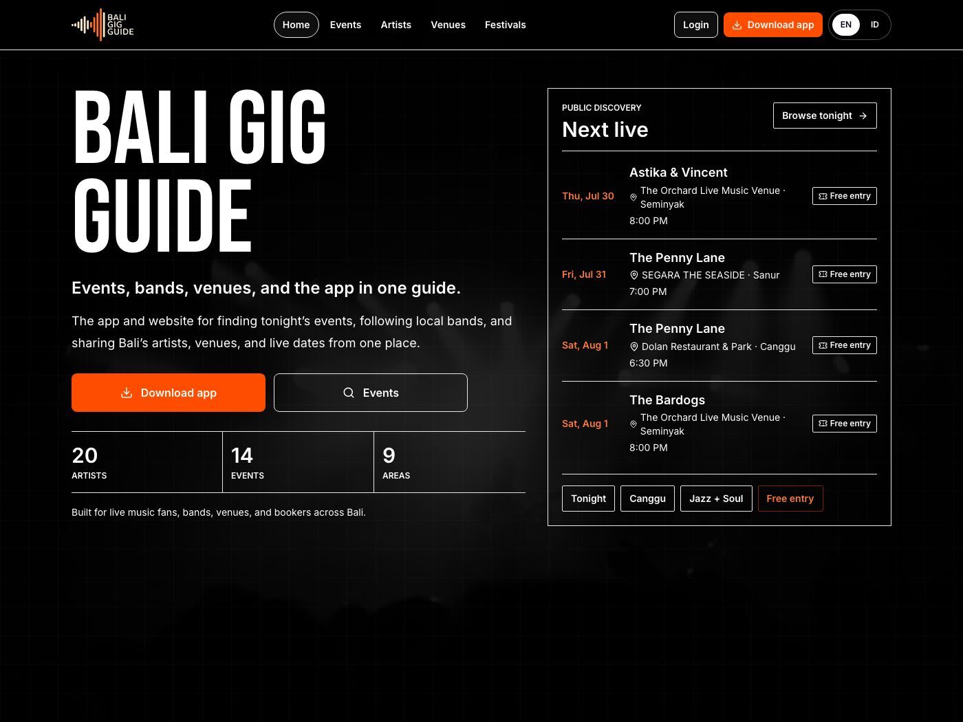Bali Gig Guide — desktop website capture